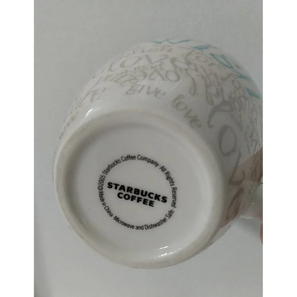 Starbucks 2005 Christmas Wish Holiday white teal gray Peace Live Love Coffee Mug
